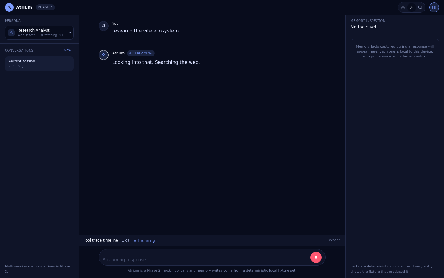 Mid-stream research with a running tool call in dark theme: the assistant streams while the trace drawer shows a running call.