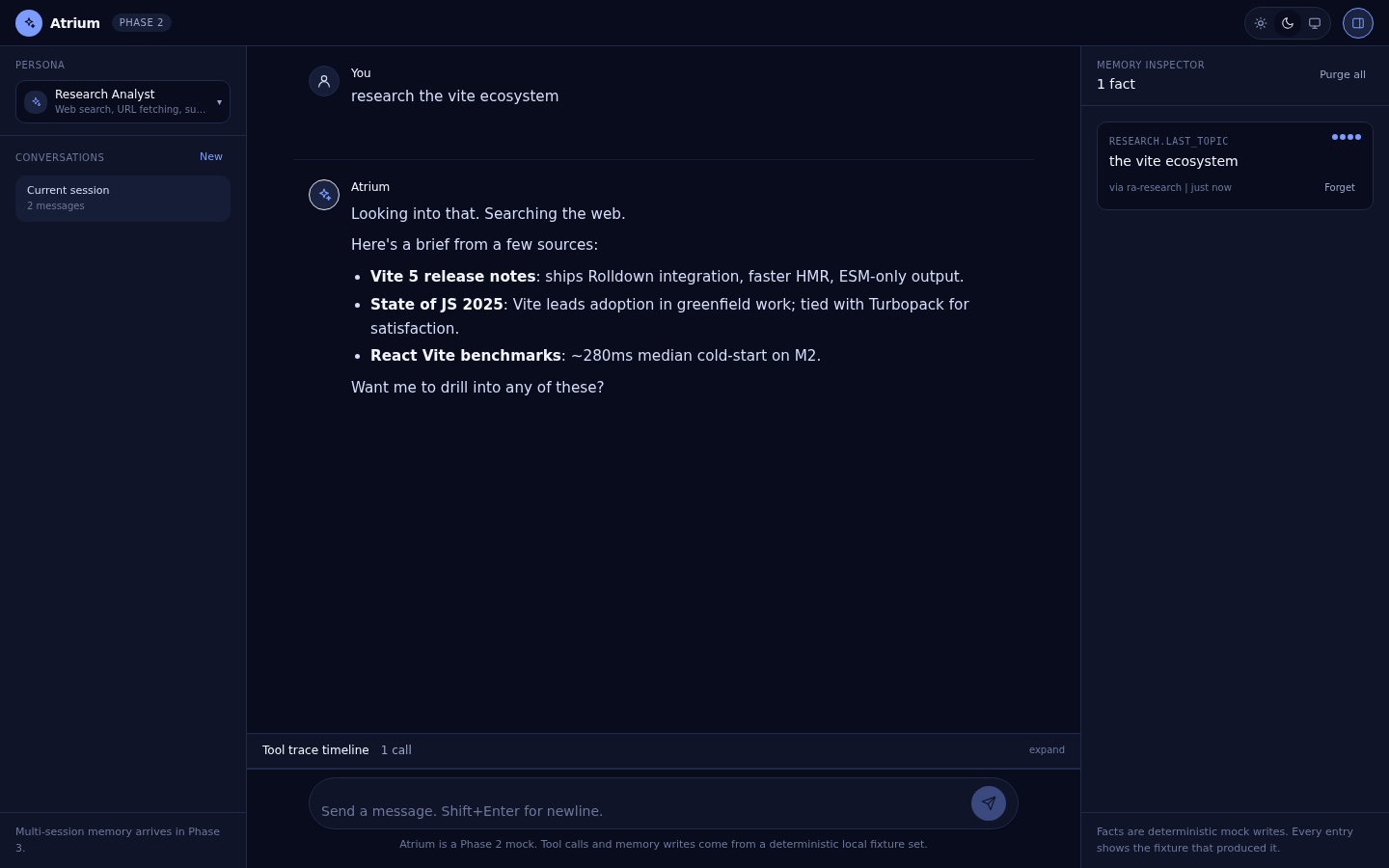 Research complete in dark theme: the assistant's brief, the trace peek, and a new fact landed in the memory inspector with its provenance line.
