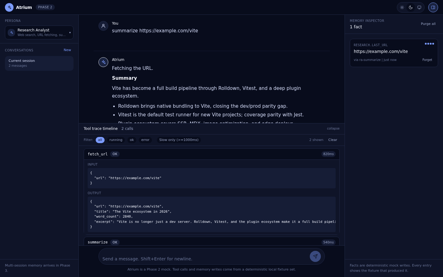 Trace drawer expanded in dark theme with the fetch_url call open, input and output JSON visible; filter pills toggle between all, running, ok, error, and slow-only.