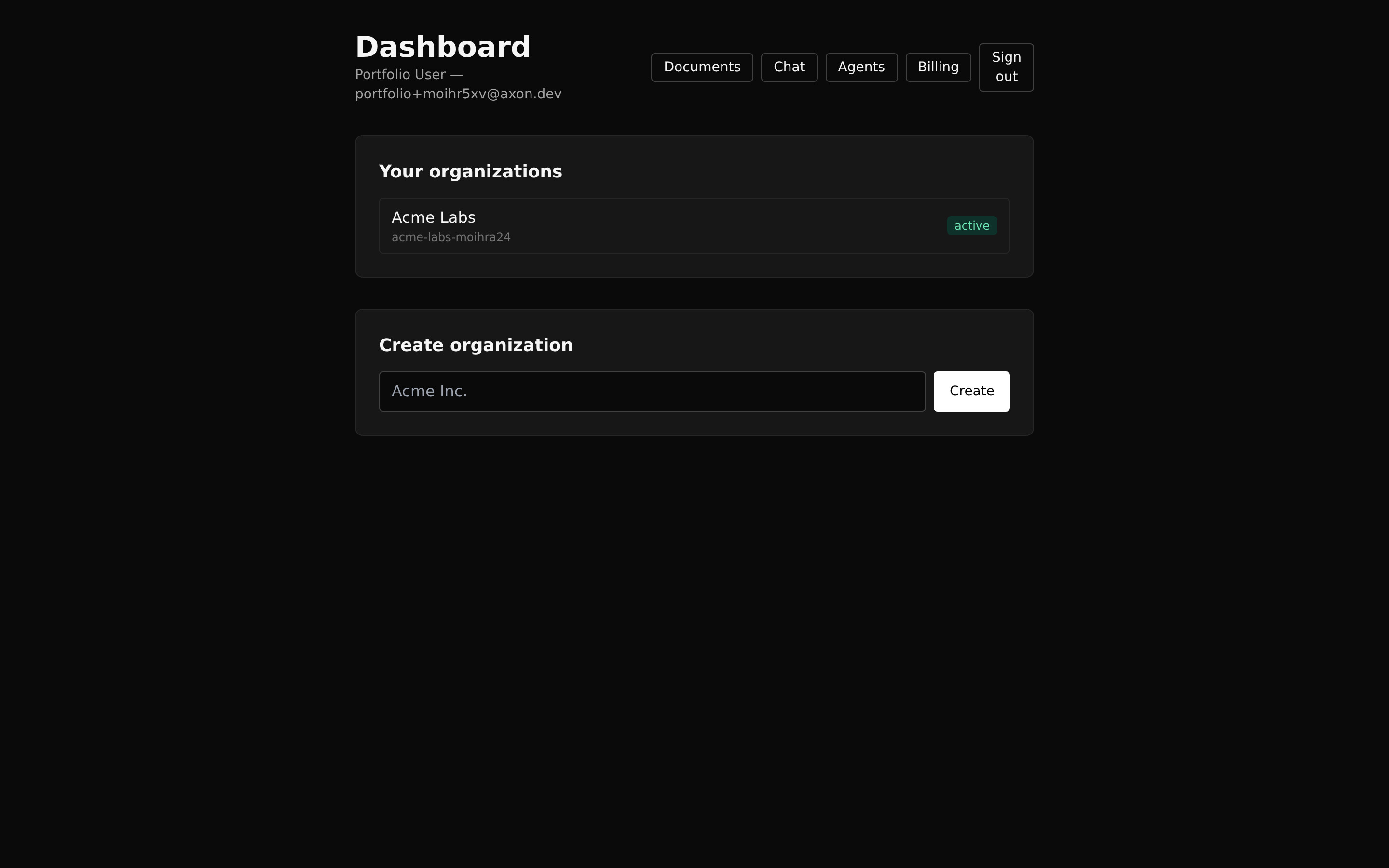 Tenant dashboard with usage, agents, jobs, and observability summary.