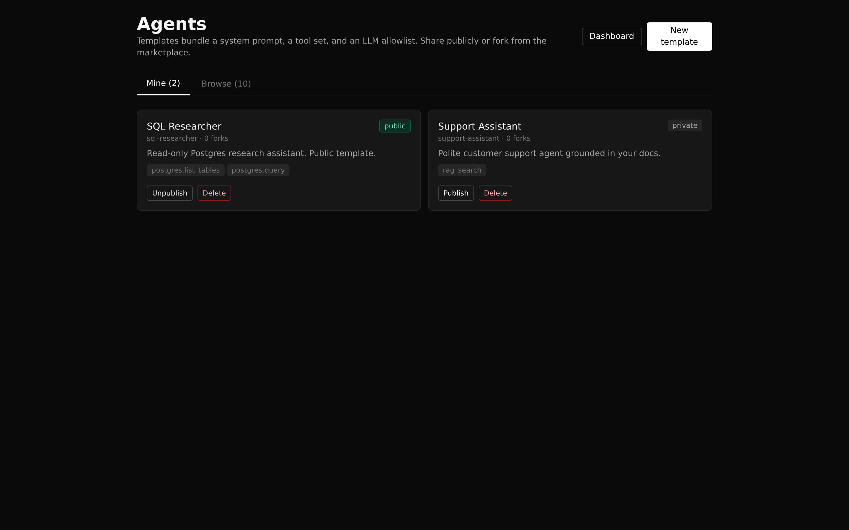 Agents marketplace where tenants pick or compose role-specific agents.