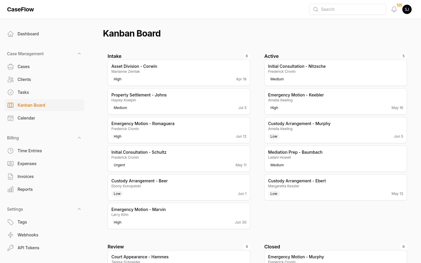 Kanban board for case workflow states
