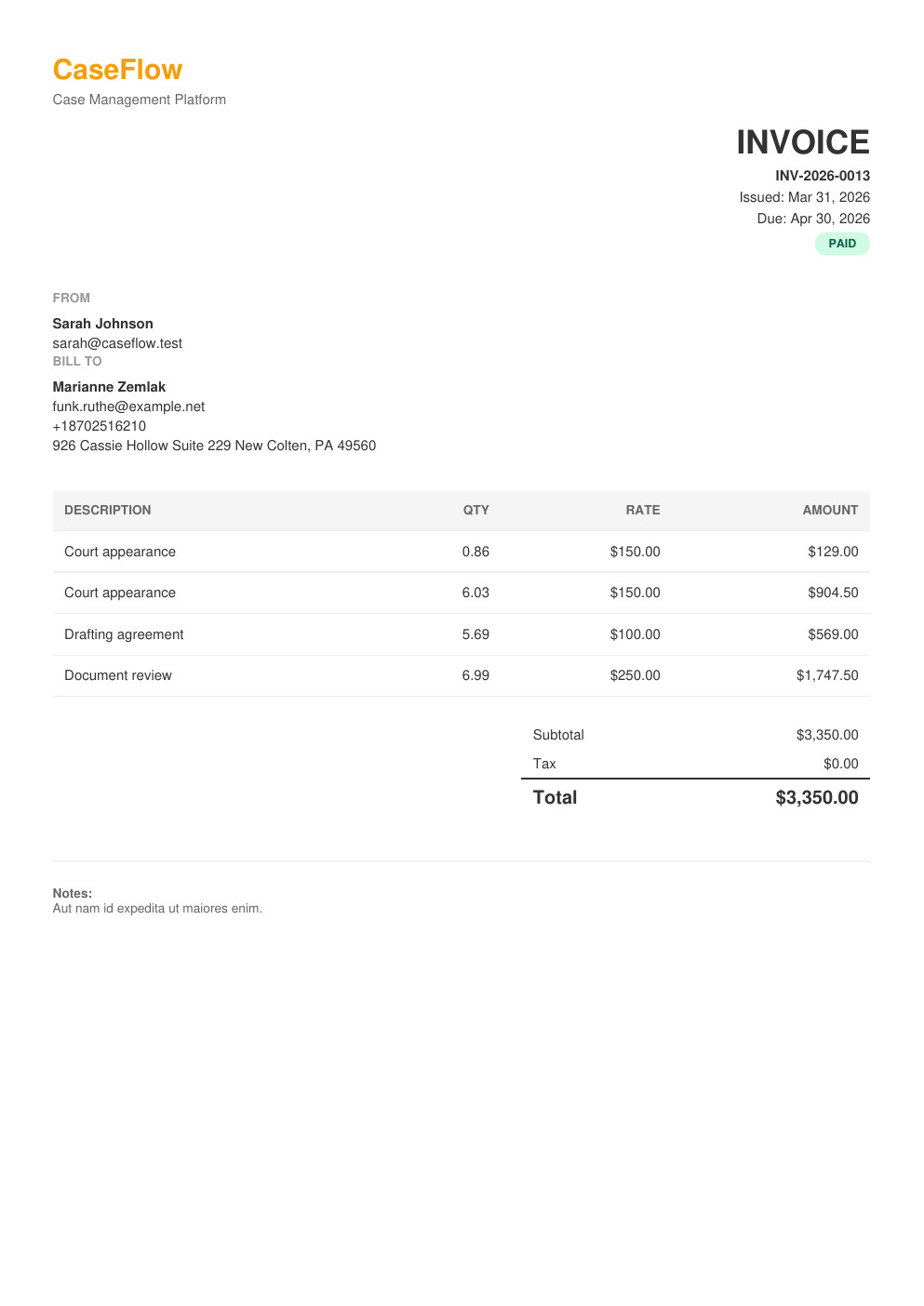 PDF invoice generation via DomPDF