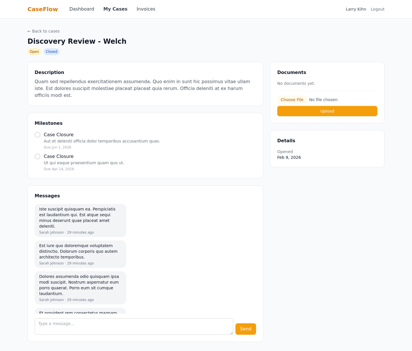 Livewire client portal with documents and messaging