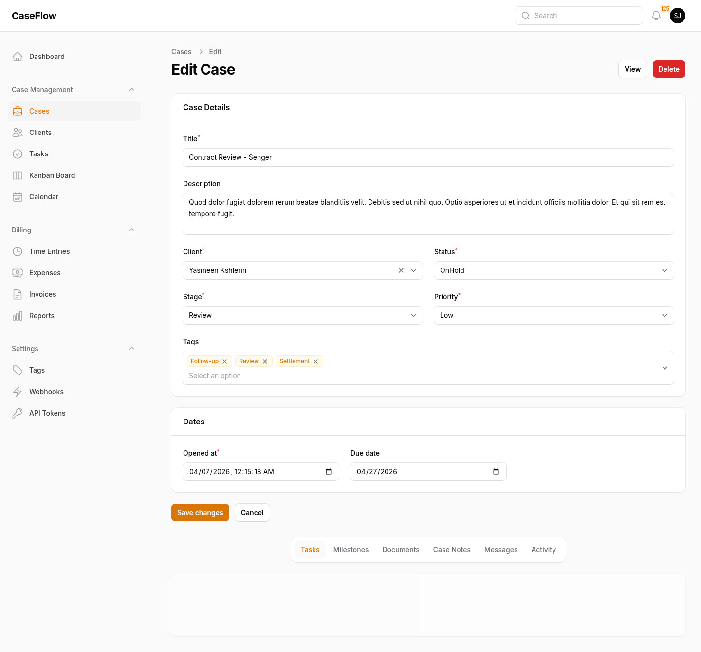 Case detail view with tabs for tasks, time, and invoices