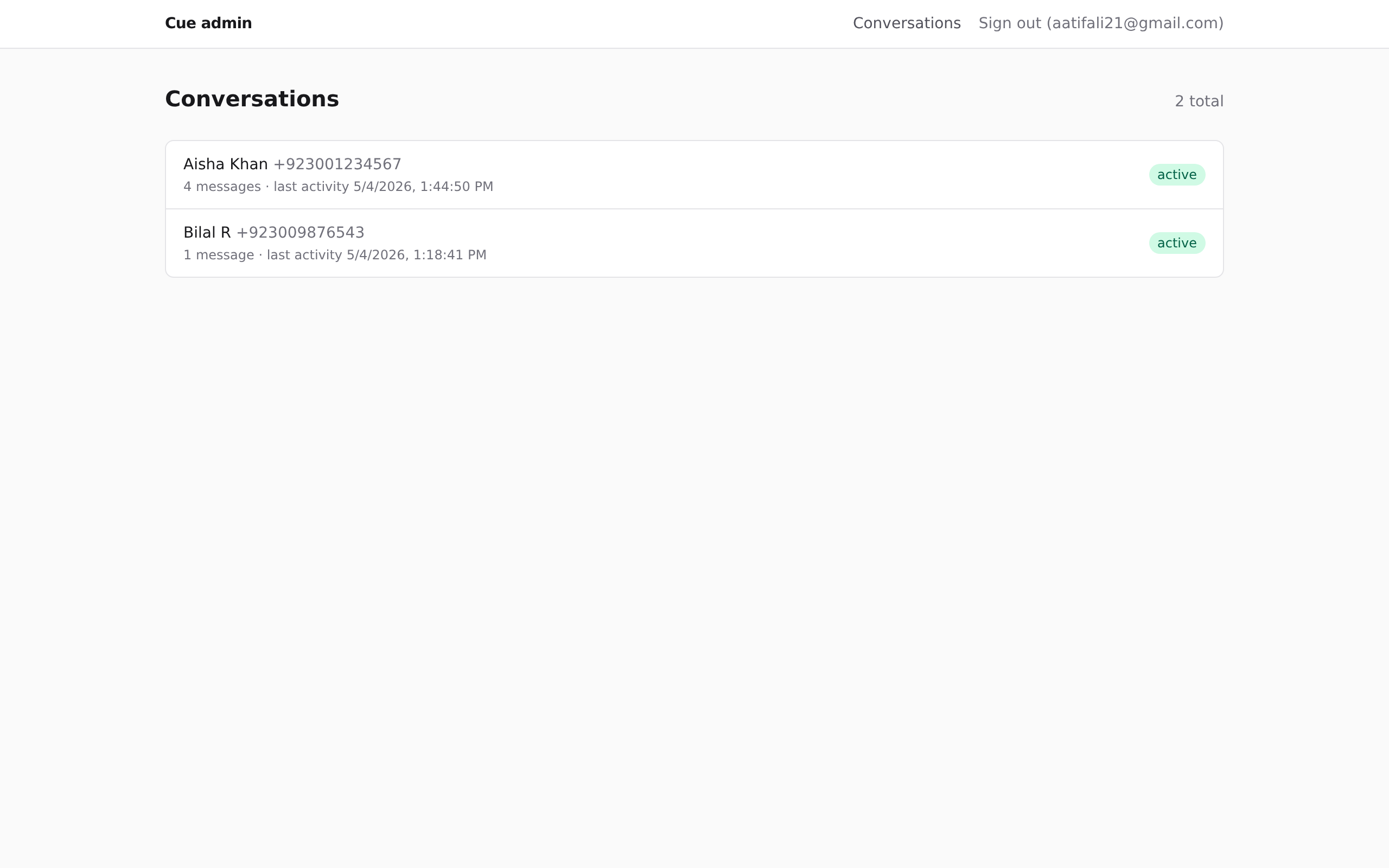 Conversation list in the admin dashboard with status, last message preview, and escalation flags.