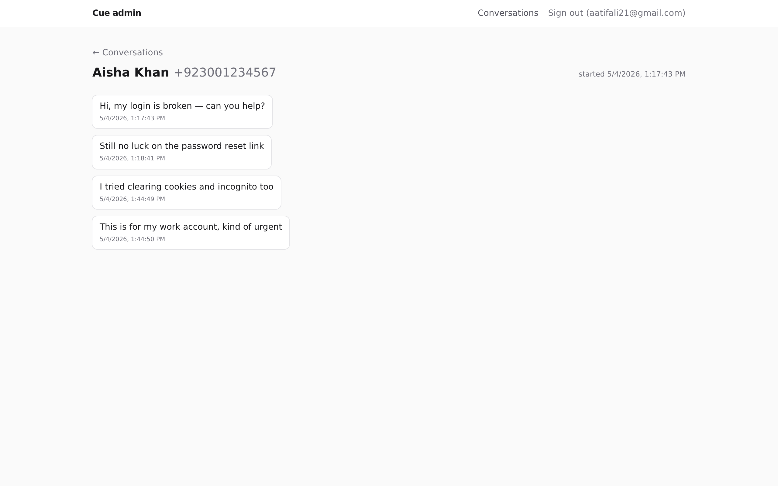 Conversation timeline showing inbound and outbound messages alongside AI run metadata and tool calls.