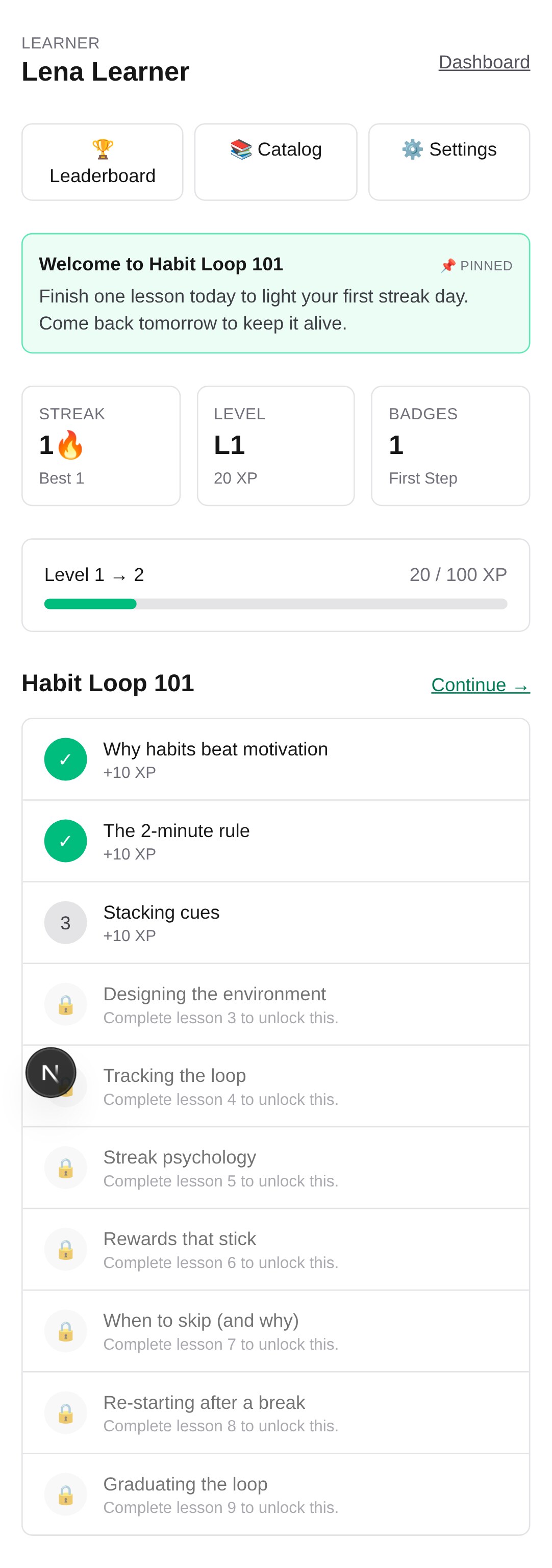Learner home with today's lesson and streak