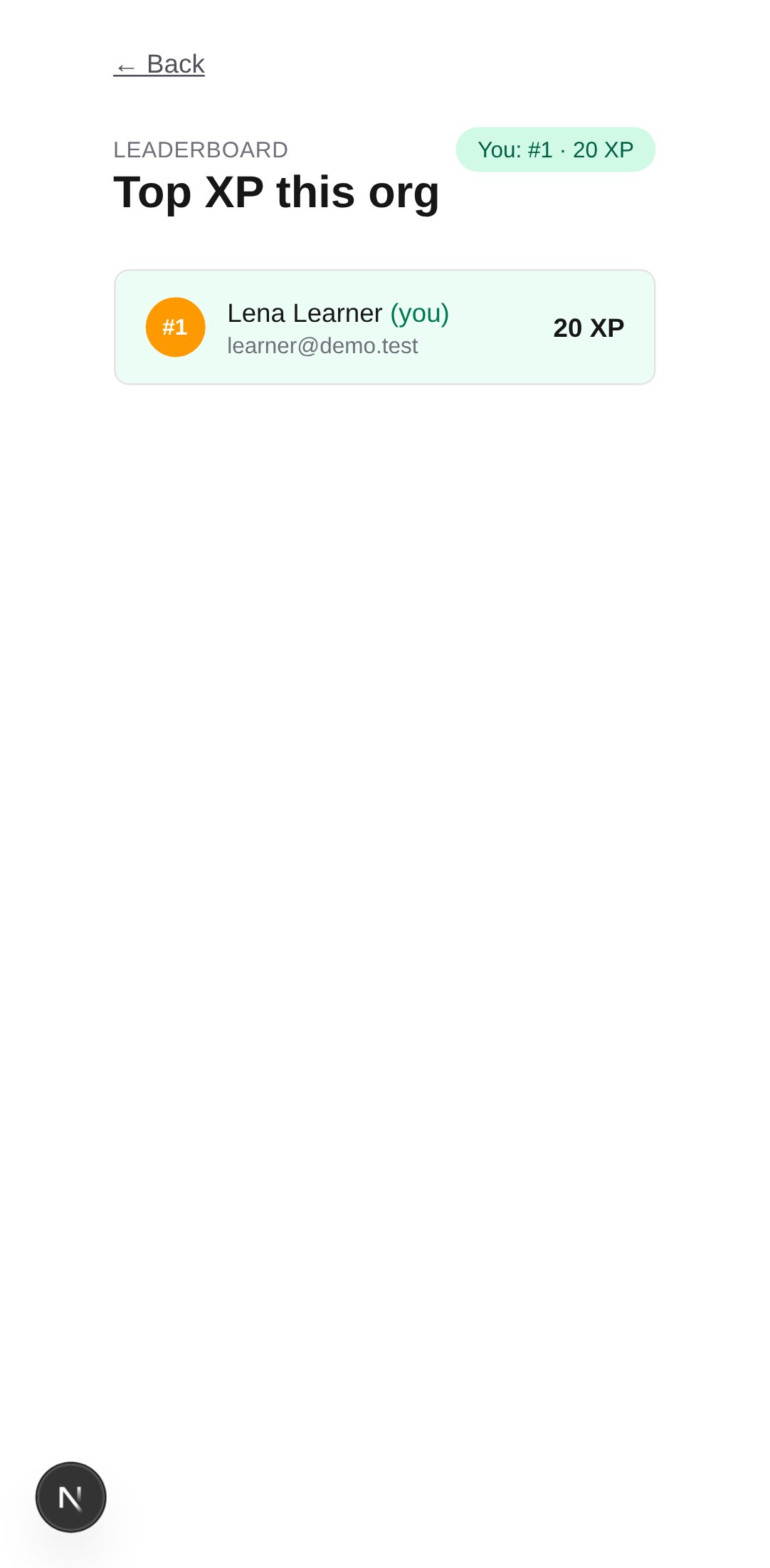Cohort leaderboard with XP and badges