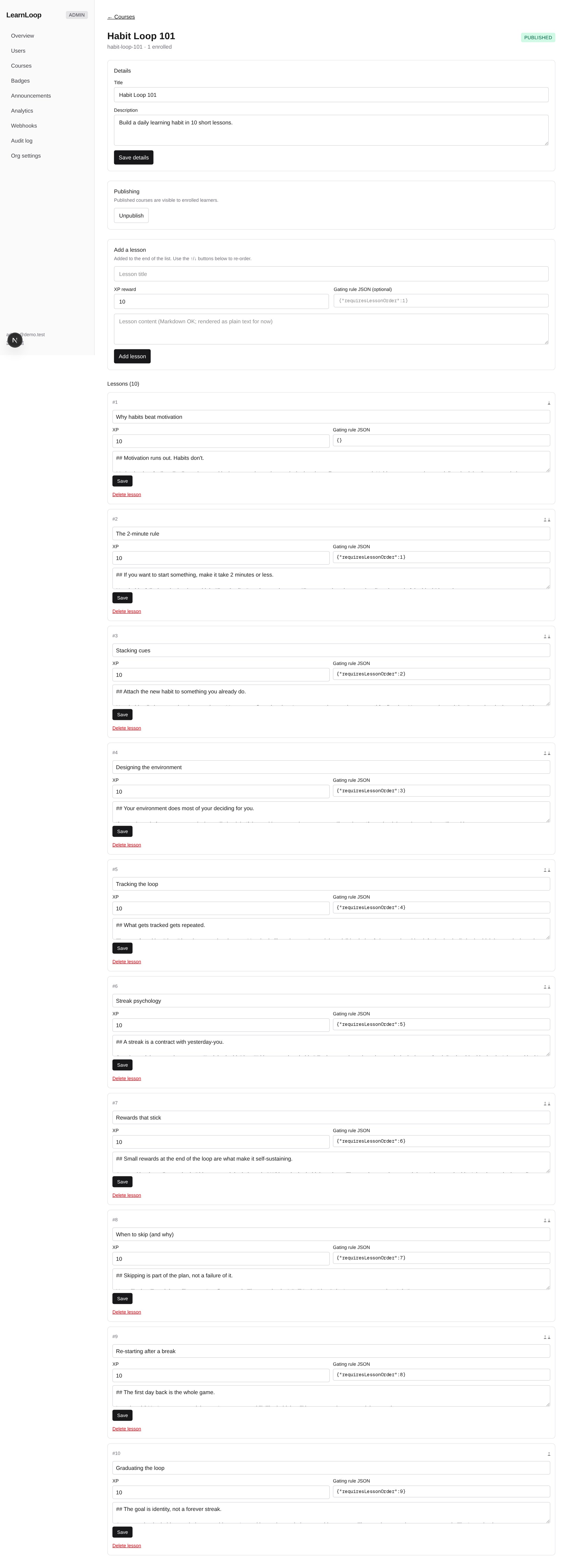 Course authoring with lessons and quizzes