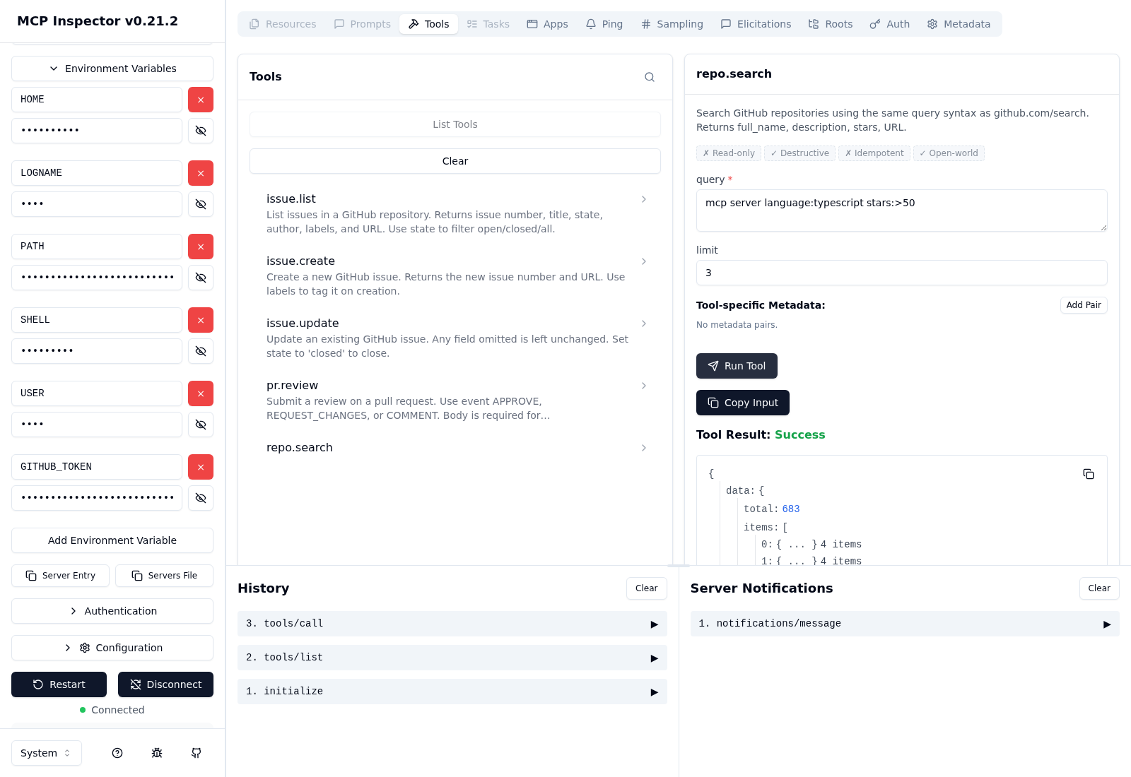 GitHub MCP server inspected via @modelcontextprotocol/inspector, repo.search round-trip with rate-limit info and audit log row.