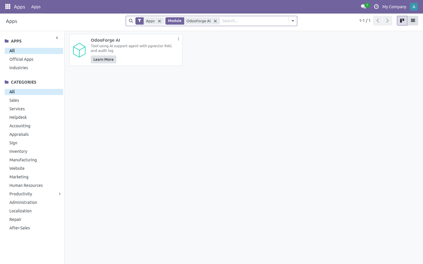 OdooForge AI addon installed from the Apps menu