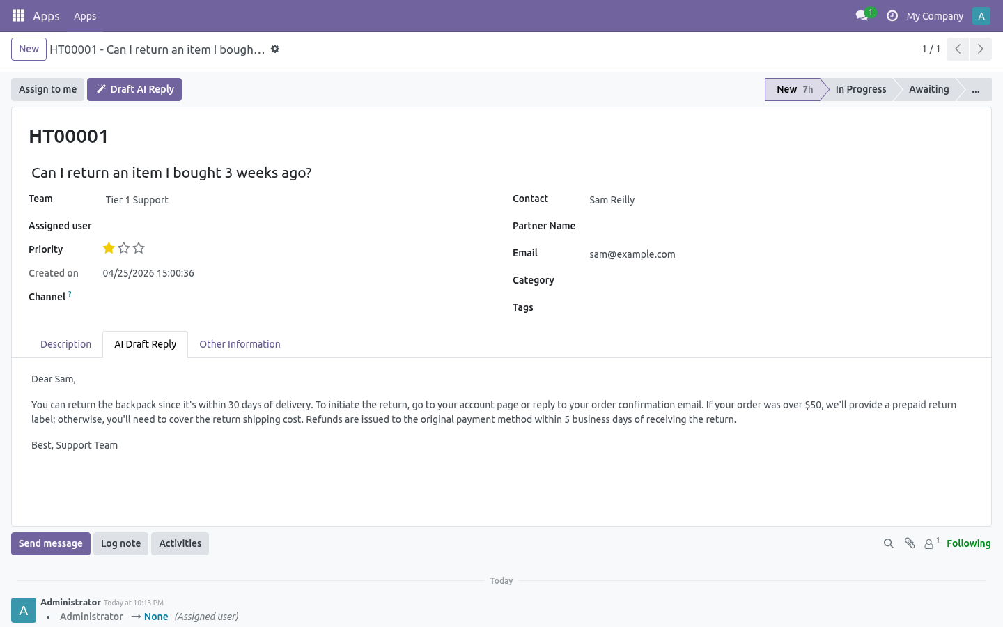 Draft AI reply button on a Helpdesk ticket