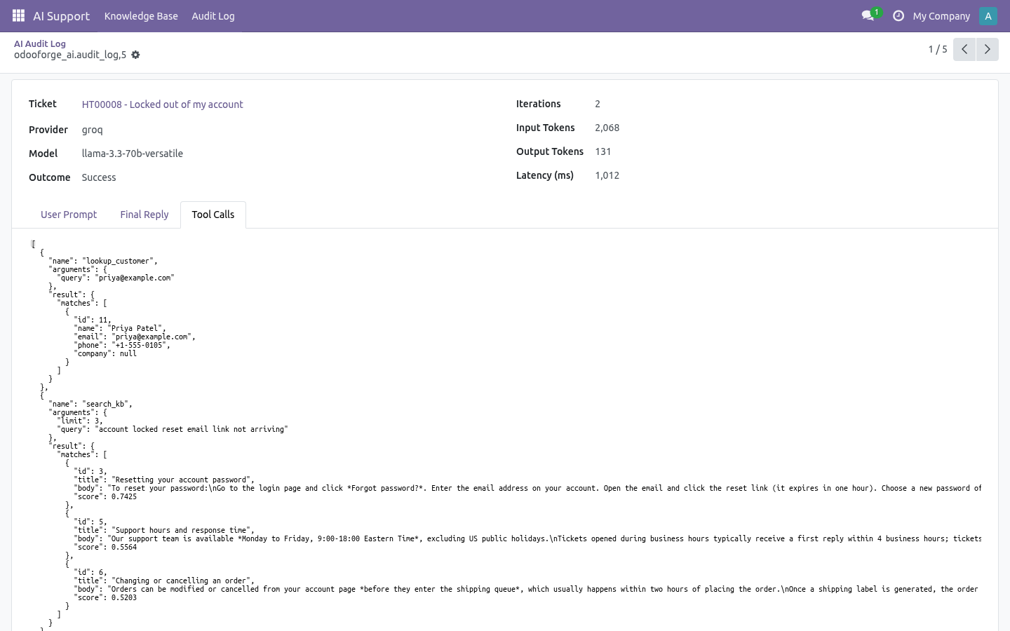 Agent calling tools (lookup_customer, search_kb) inside the ticket flow