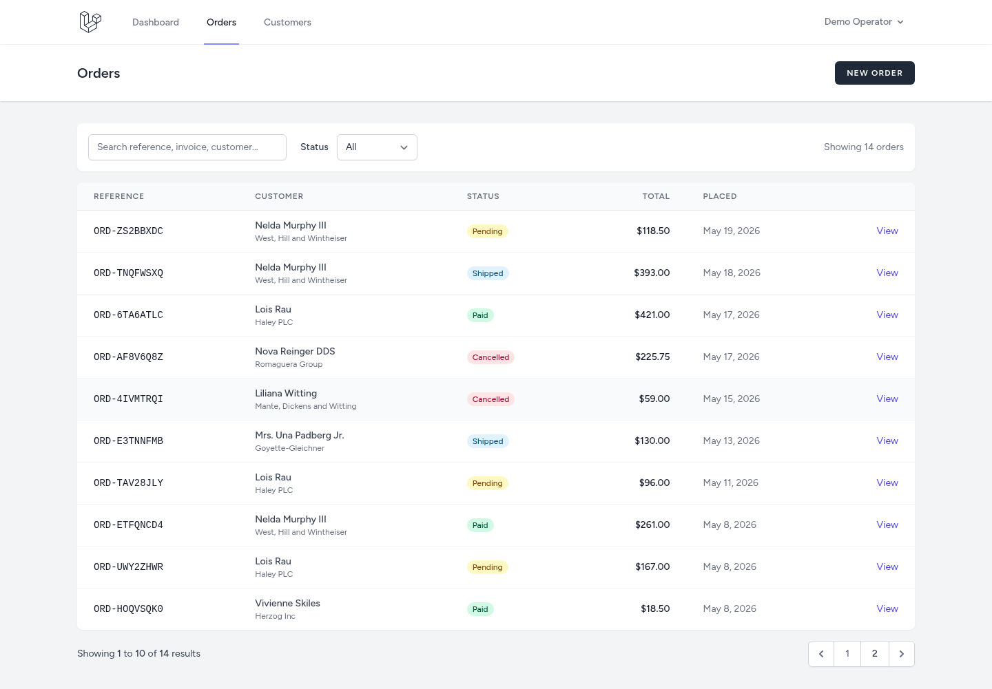 Orders index with debounced search across reference, invoice number, customer name, and email, plus a status filter.