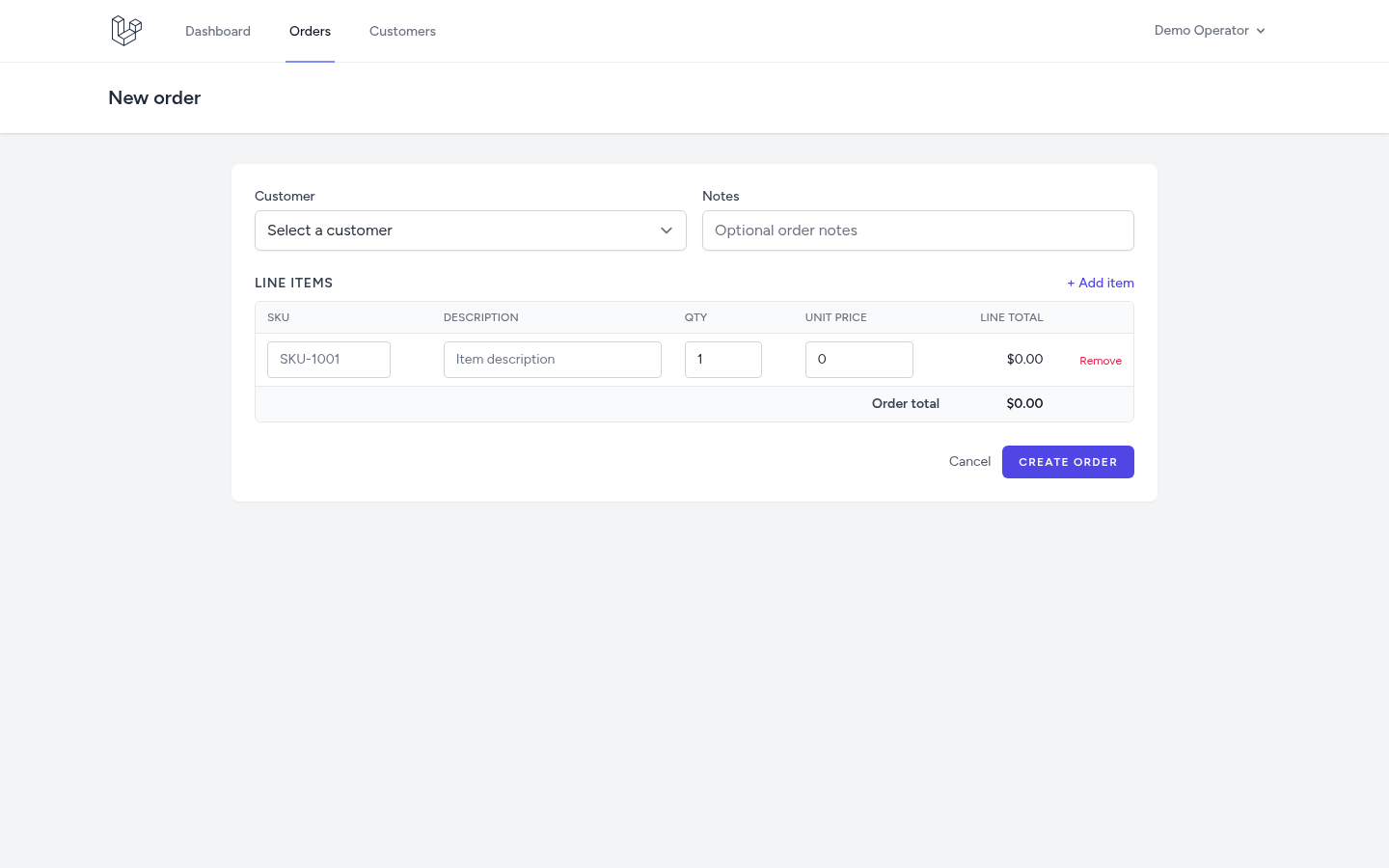 Create-order form: pick a customer, add line items, totals recompute live before save.