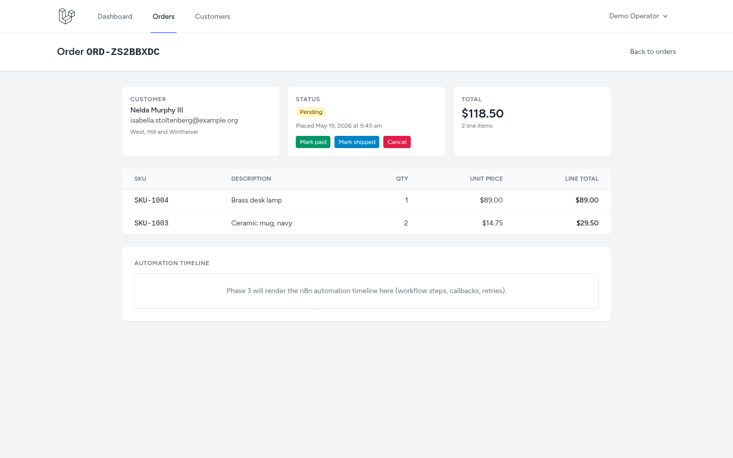 Order detail with status-change buttons (Mark paid, Mark shipped, Cancel) that fire the matching domain event.
