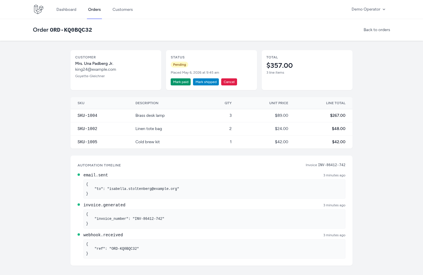 Order Show with the live automation timeline. Each card is one AutomationLog row written by n8n through the inbound API; the invoice badge comes from a workflow PATCH.