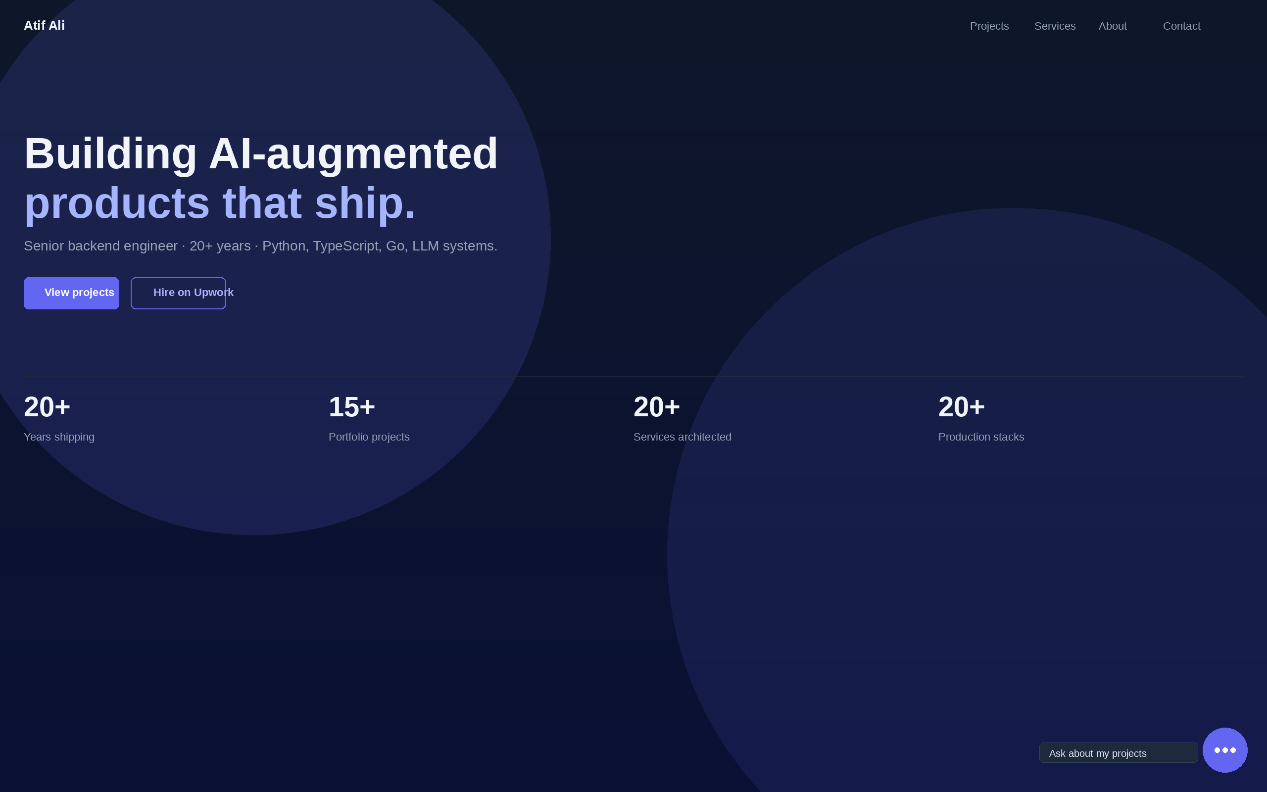 Portfolio homepage with the chat bubble and Ask about my projects tooltip pinned to the bottom-right.