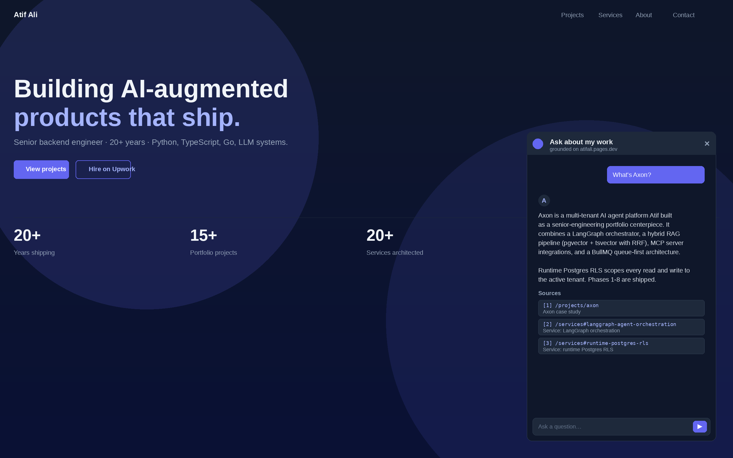 Q&A view: What is Axon? returns a grounded answer with three citation pills linking to the Axon case study and services page.