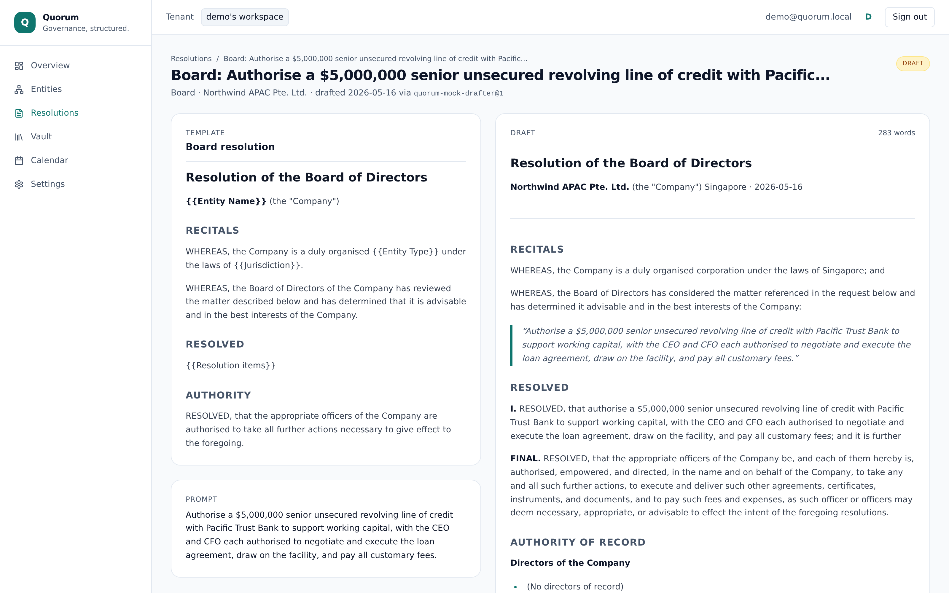 AI resolution drafting with template library and clause retrieval