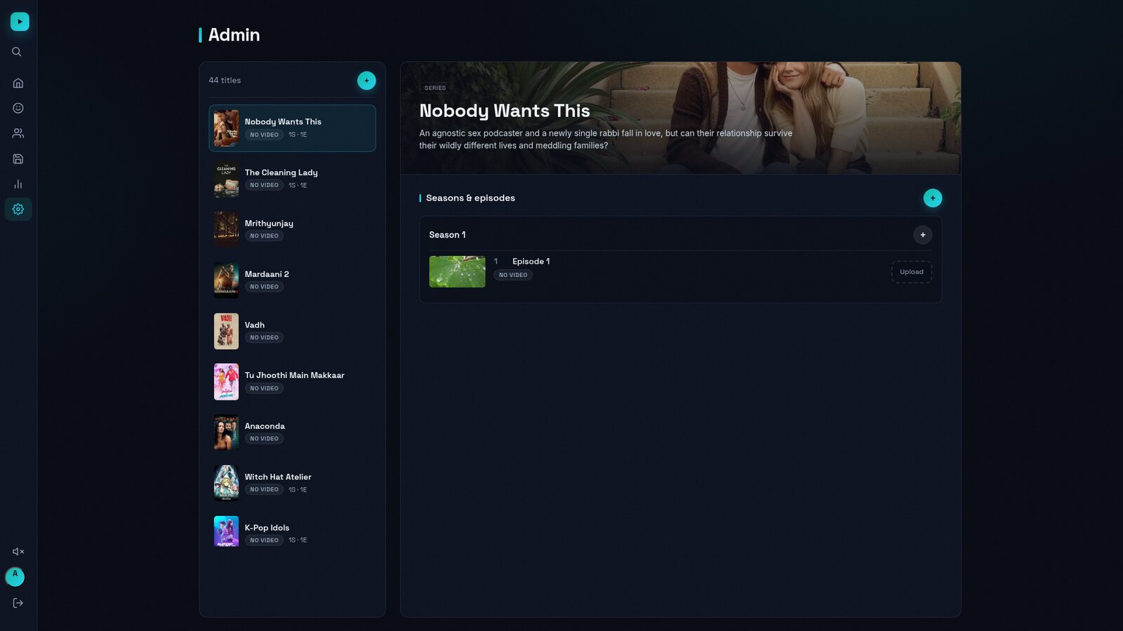 Admin console with live transcoding progress