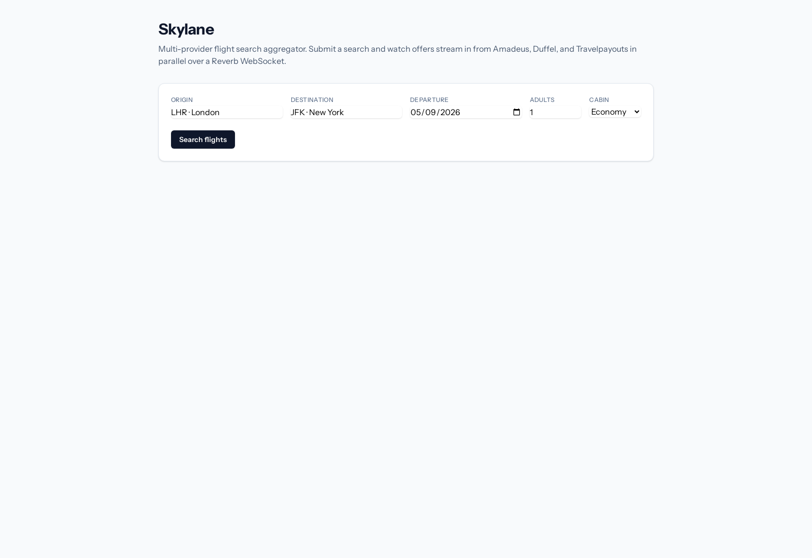 Search form with origin and destination autocomplete backed by an IATA airports table.