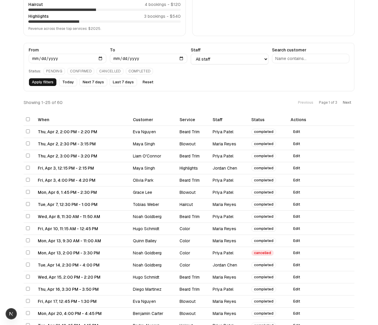 Bookings list with filters, pagination, and inline status actions