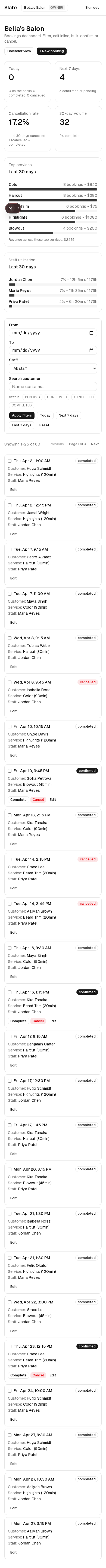 Mobile-responsive bookings view at 390px wide