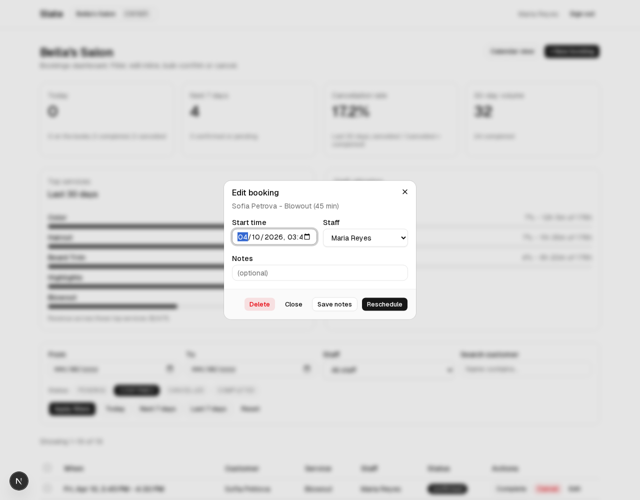 Edit booking dialog with reschedule, notes, and delete