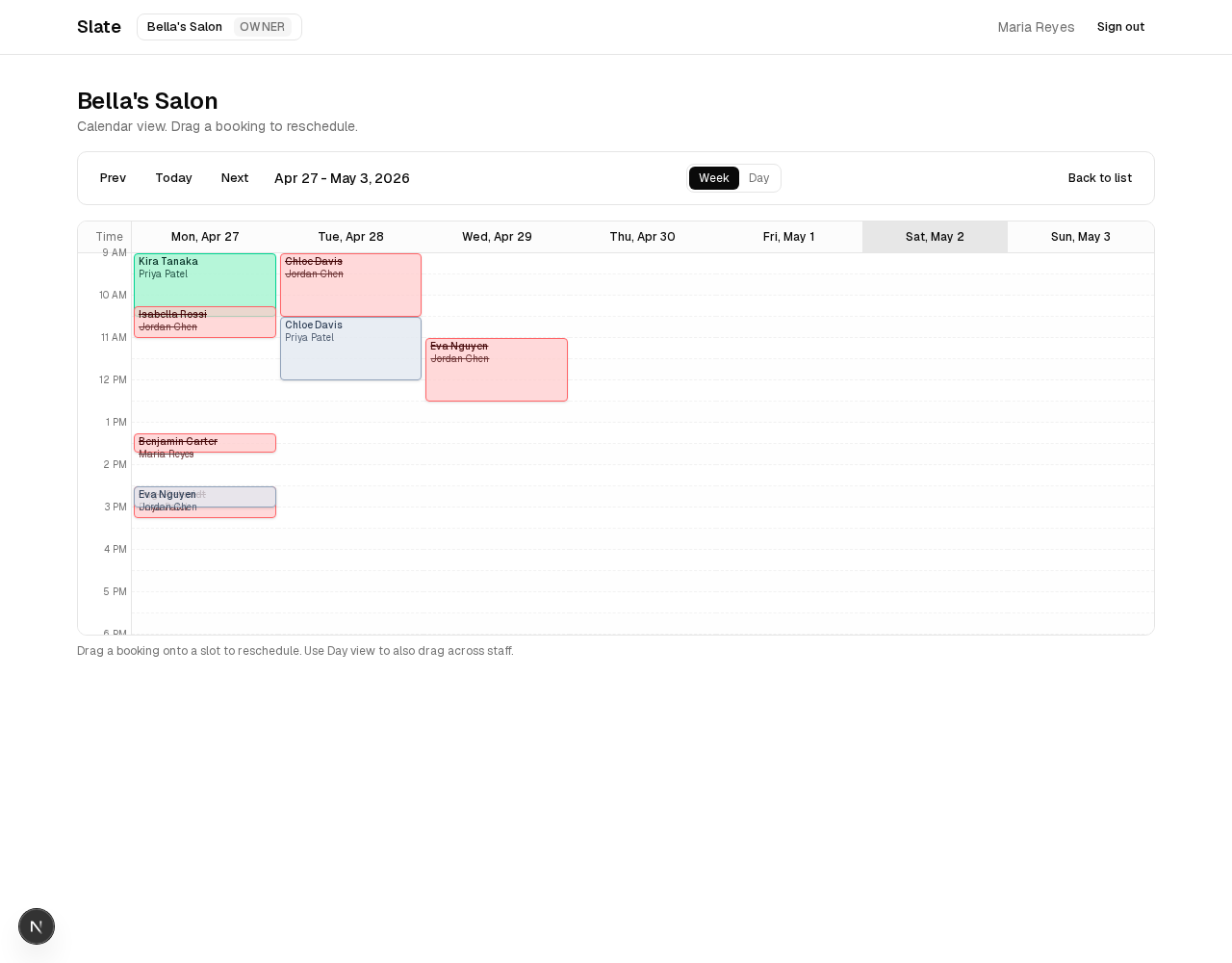 Calendar week view with status-colored blocks