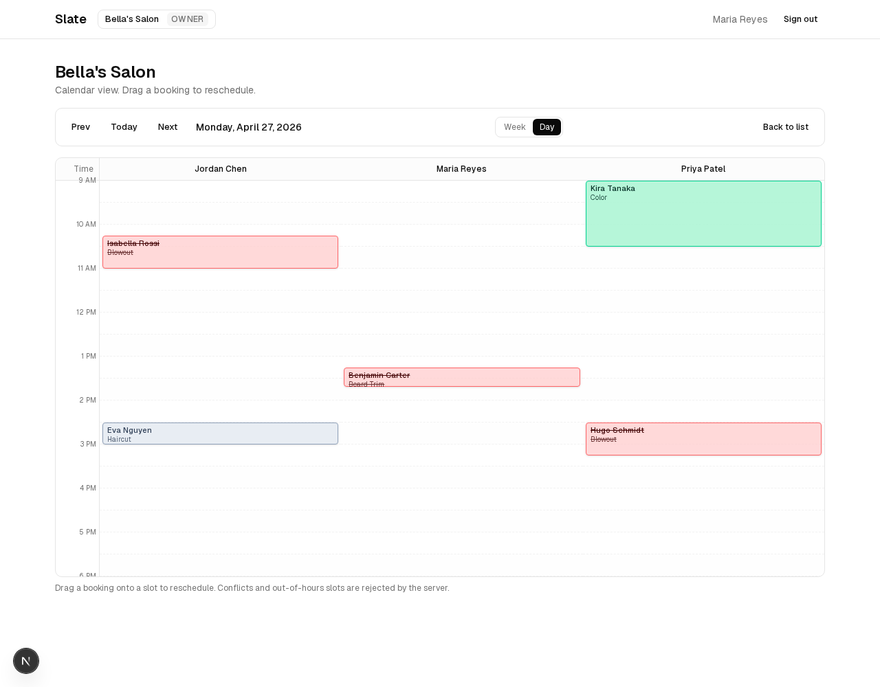 Calendar day view with staff columns and drag-to-reschedule
