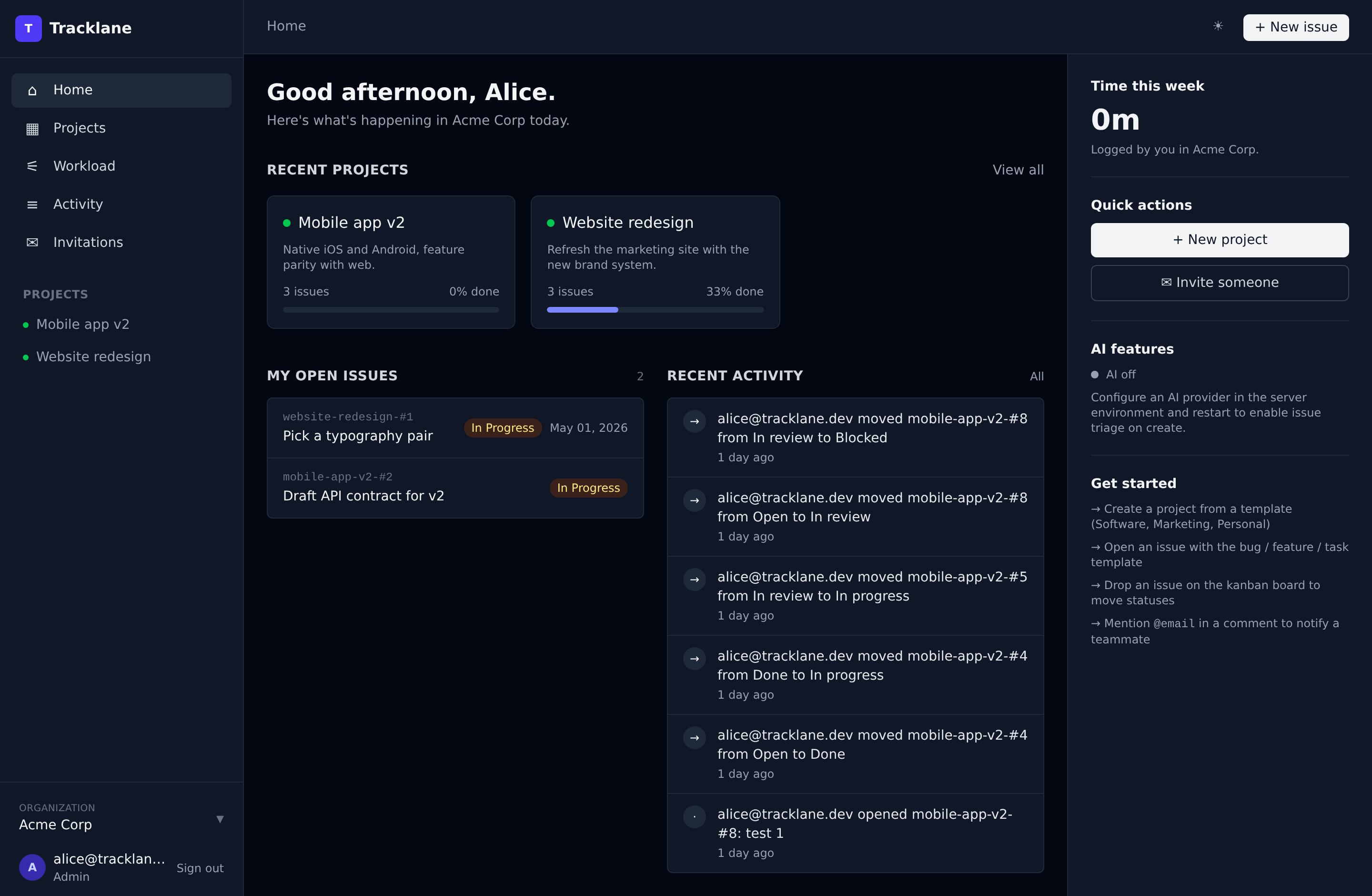 Dashboard home in dark mode with active projects, recent activity, and AI triage suggestions.