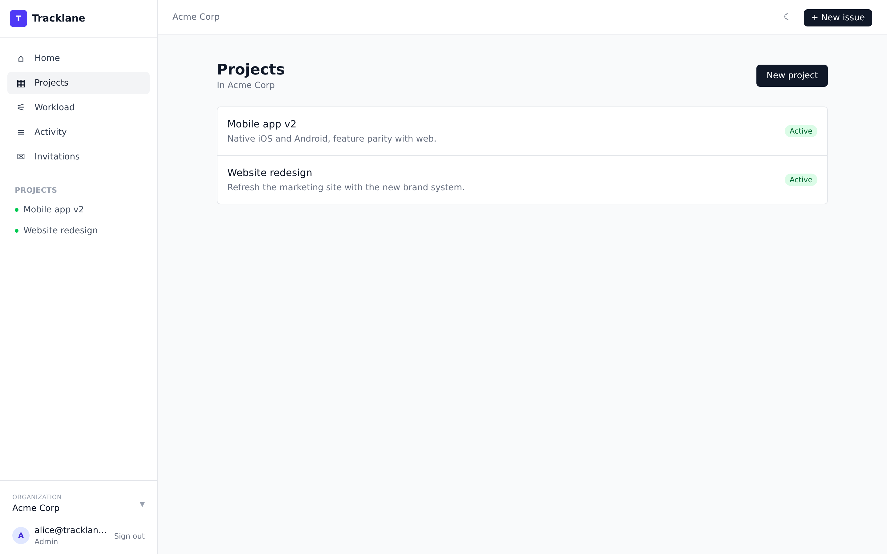 Projects list view with status filters.