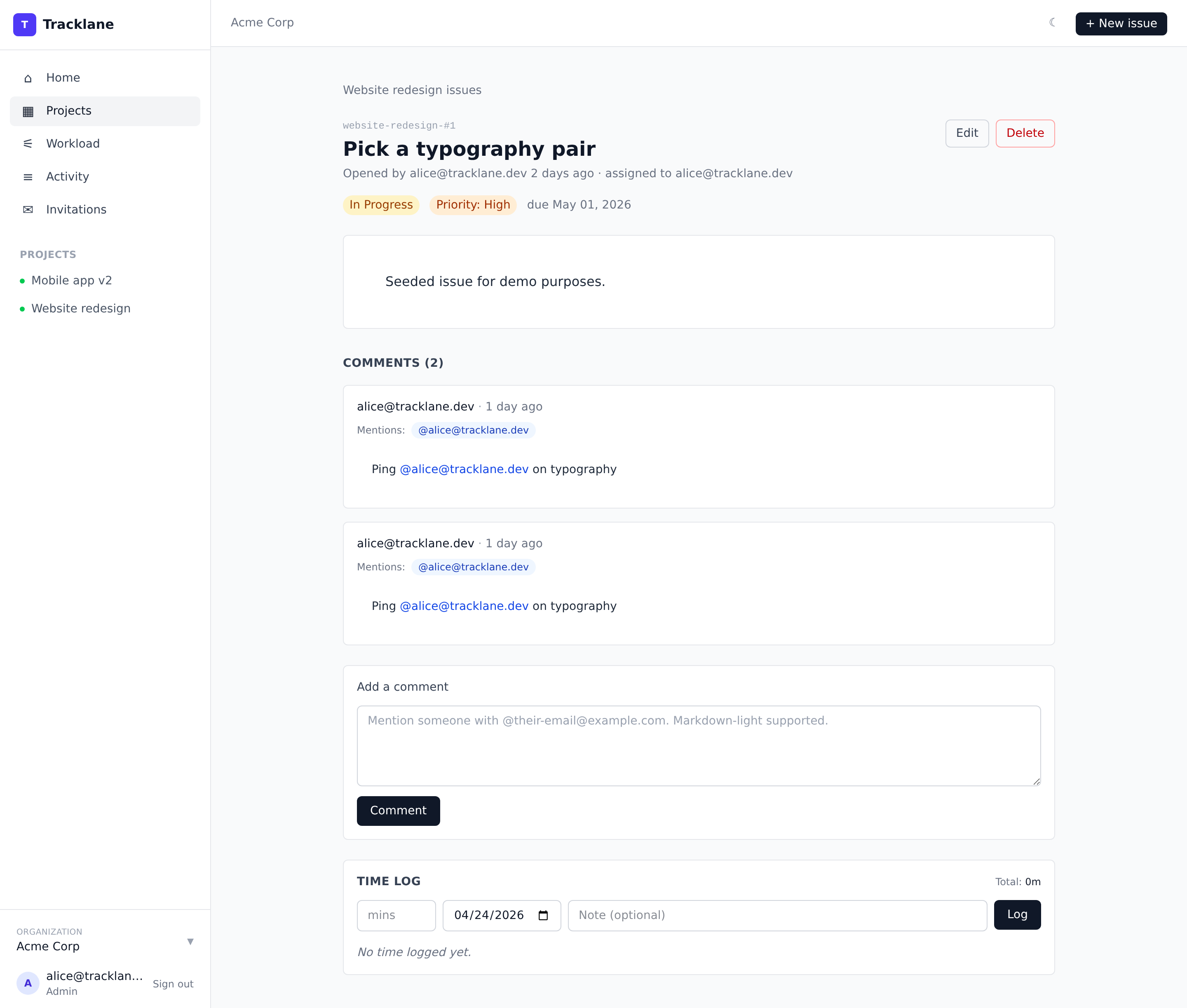 Issue detail page with threaded comments, activity log, and AI summary.