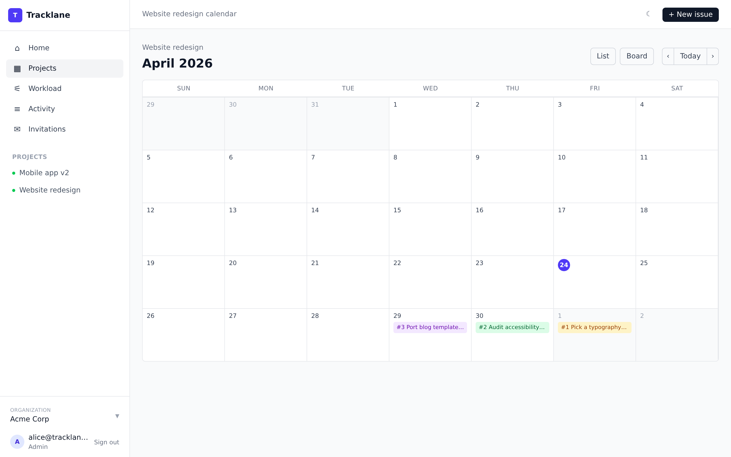 Calendar view aggregating due dates across the workspace.