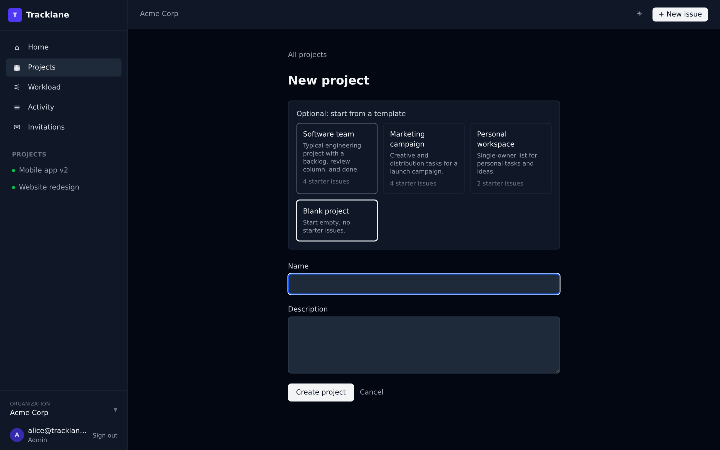 New project creation modal with template picker.
