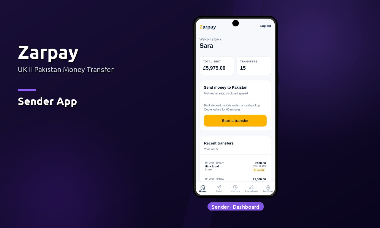 Sender app dashboard with balance and recent transfers